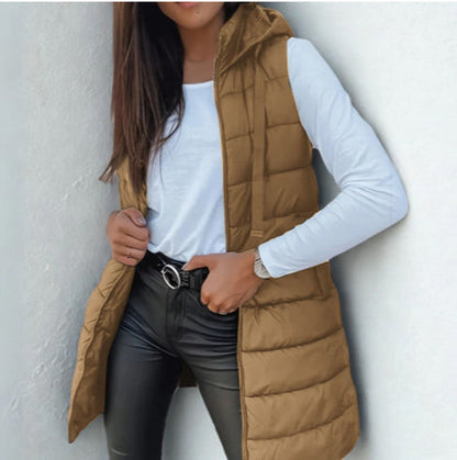 Casual sleeveless hooded long puffer vest for women | Rain