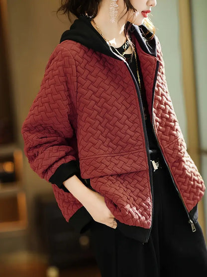 Quilted zip-up hoodie with basketweave pattern | Selara