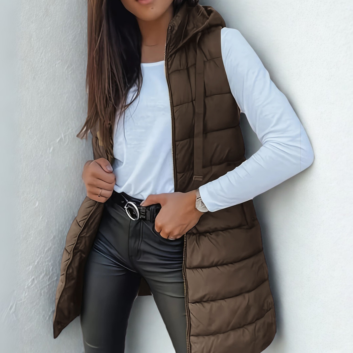 Casual sleeveless hooded long puffer vest for women | Rain