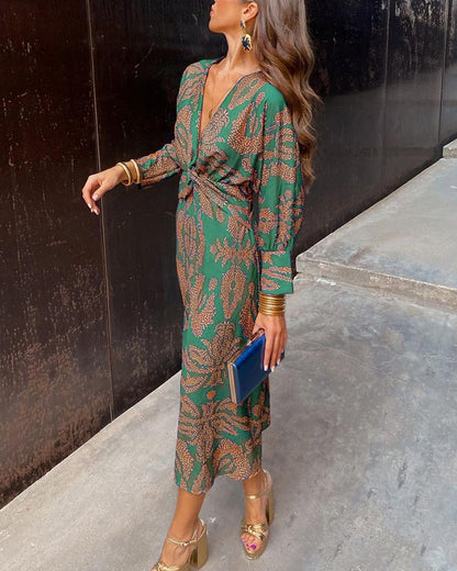 Statement print V-neck A-line front knot maxi dress for women | Caroline