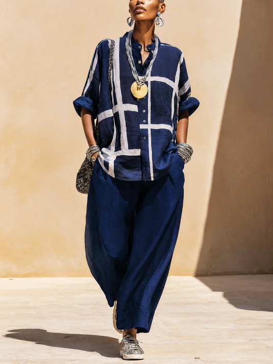Sylvara | Women's Grid Print Stand Collar Shirt and Wide Leg Pants Set