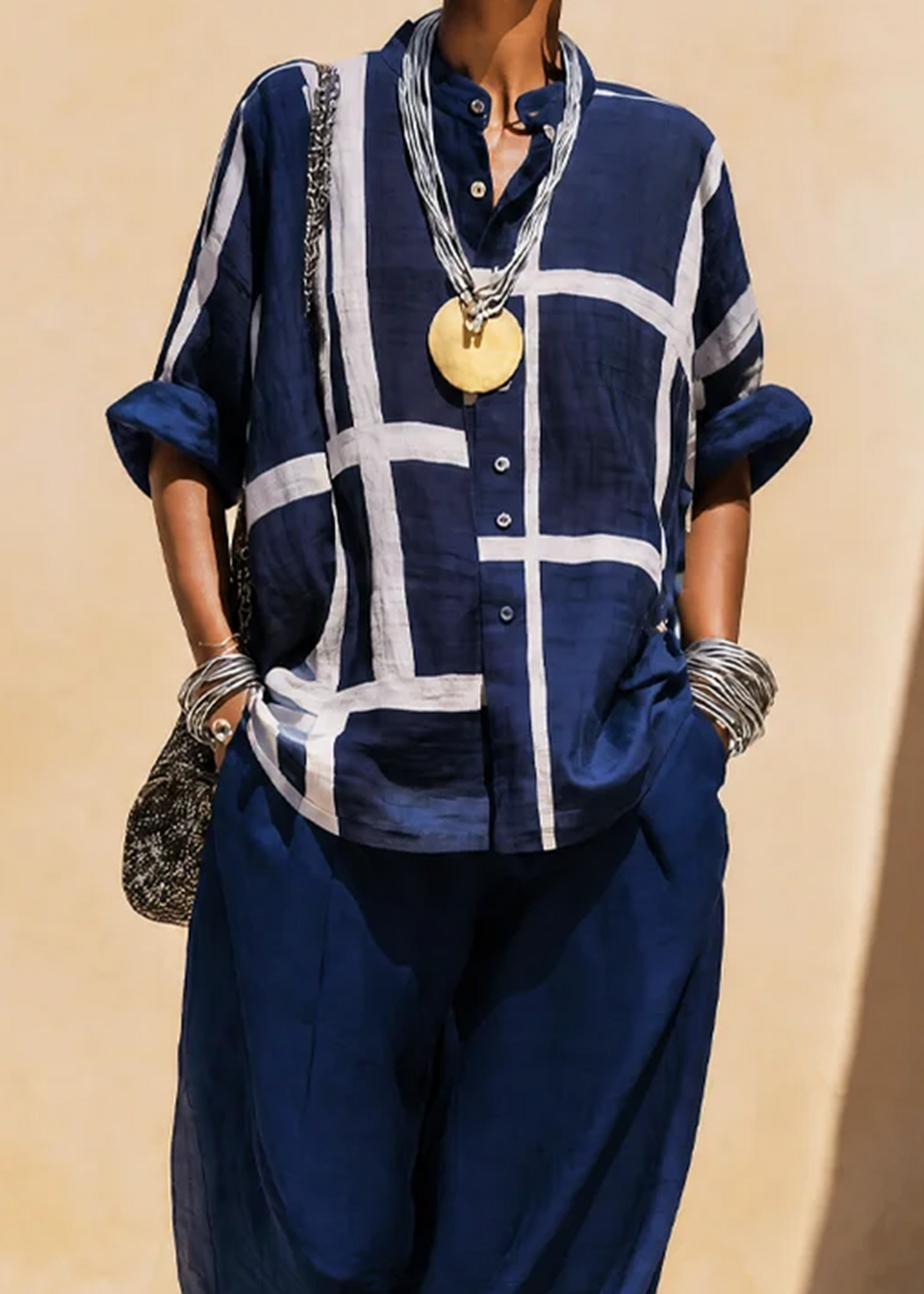Sylvara | Women's Grid Print Stand Collar Shirt and Wide Leg Pants Set