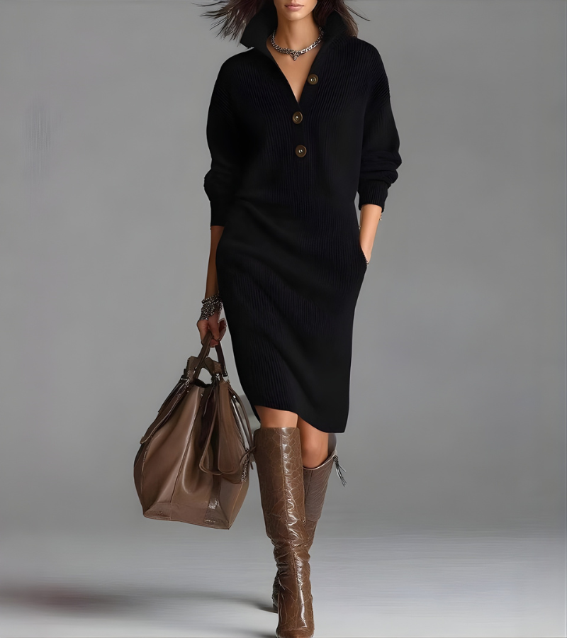 Margaux | Women's High Collar Button Front Knit Dress