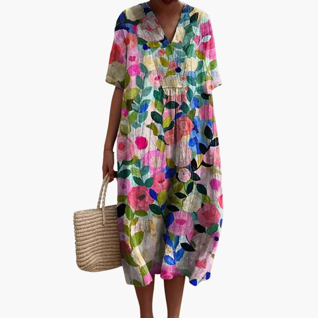 Floral meadow print oversized midi dress for women | Marisela