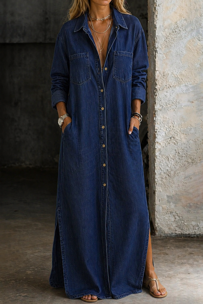 Rhevara | Women's Relaxed Button Front Maxi Shirt Dress