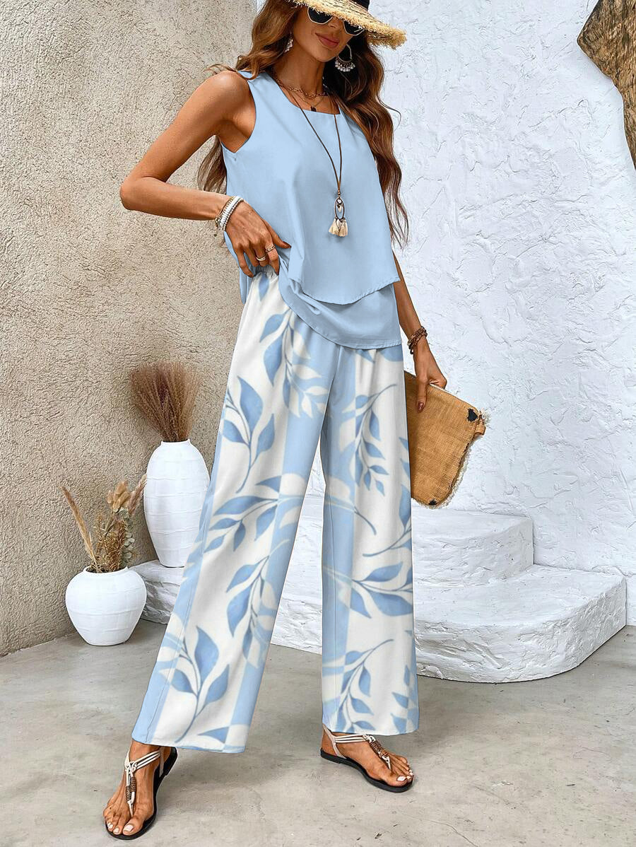 Leaf print sleeveless top wide leg pant matching set for women | Marisela