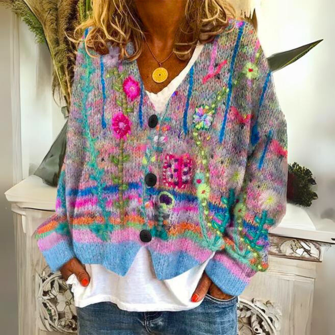 Bohemian multicolor cardigan with embroidered details for women | Mireya