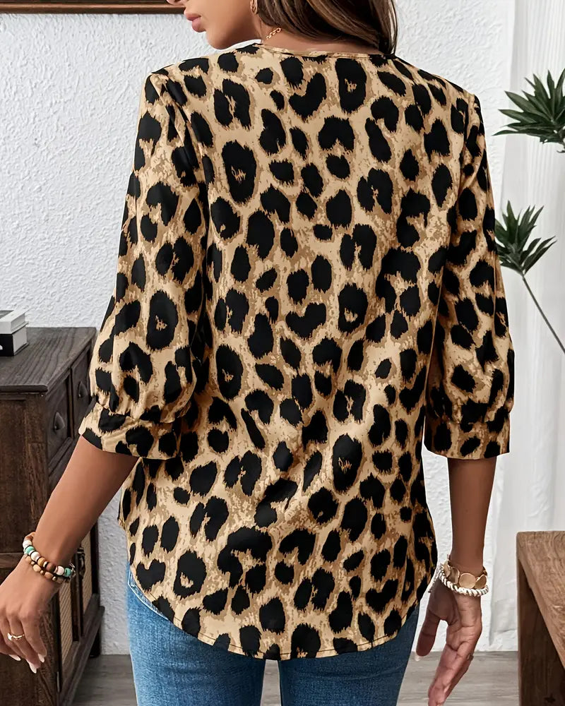 Leopard print lapel collar cotton blouse for women | Rosalyn