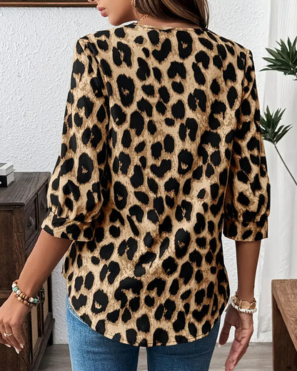 Leopard print lapel collar cotton blouse for women | Rosalyn
