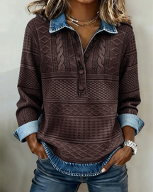 Chic Half-Button Sweatshirt with Denim Collar for Women | Elara