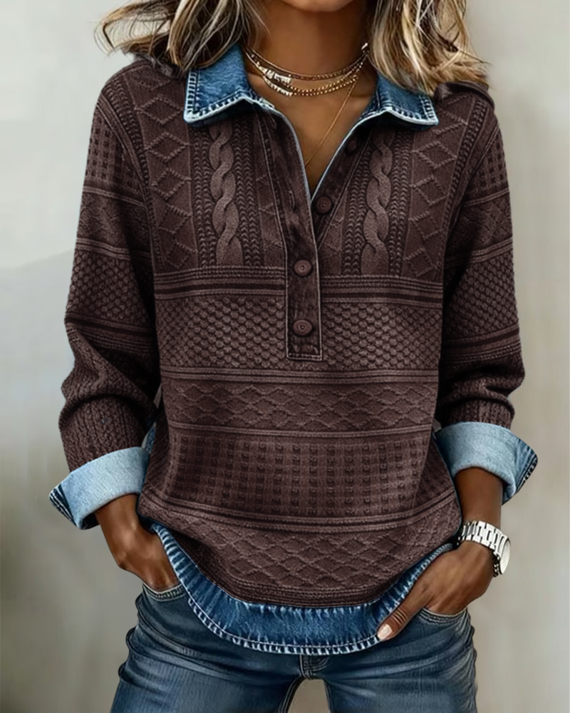 Chic Half-Button Sweatshirt with Denim Collar for Women | Elara