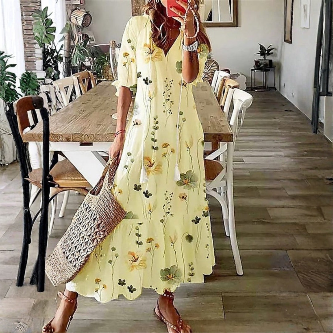 Floral boho short sleeve midi dress for women | Marisela