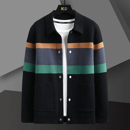 Striped varsity knit jacket with button-up front | Arden
