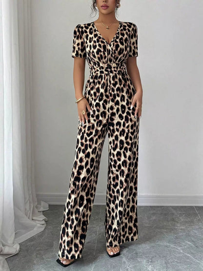 Evelisse | Women's Animal Print Wrap Neck Wide Leg Jumpsuit