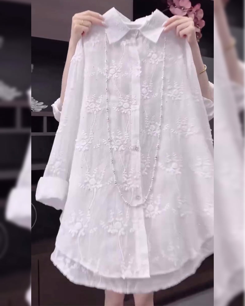 Embroidered cotton dropped shoulder shirt for women | Marisela