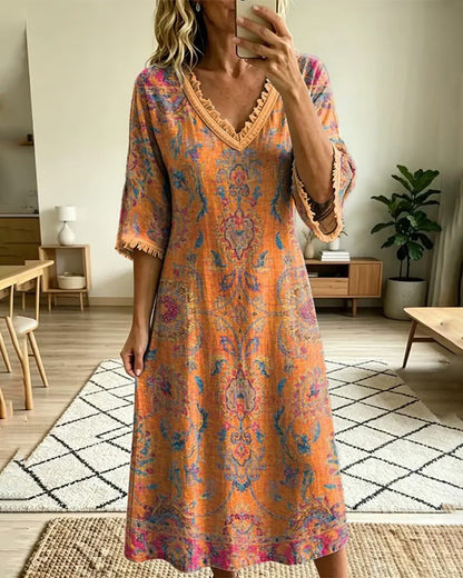 Vintage floral print A-line midi dress for women | Marisela
