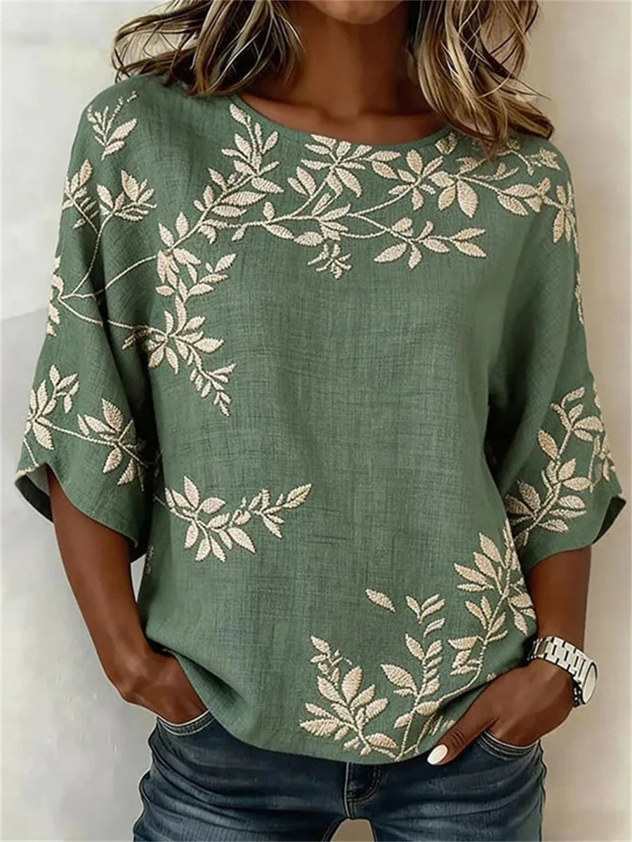 Vintage leaf print round neck blouse for women | Fenwick