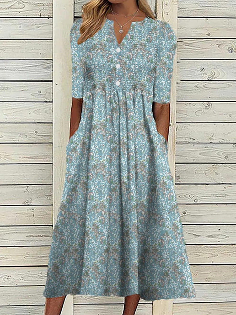 Floral pleated V-neck midi dress for women | Marisela