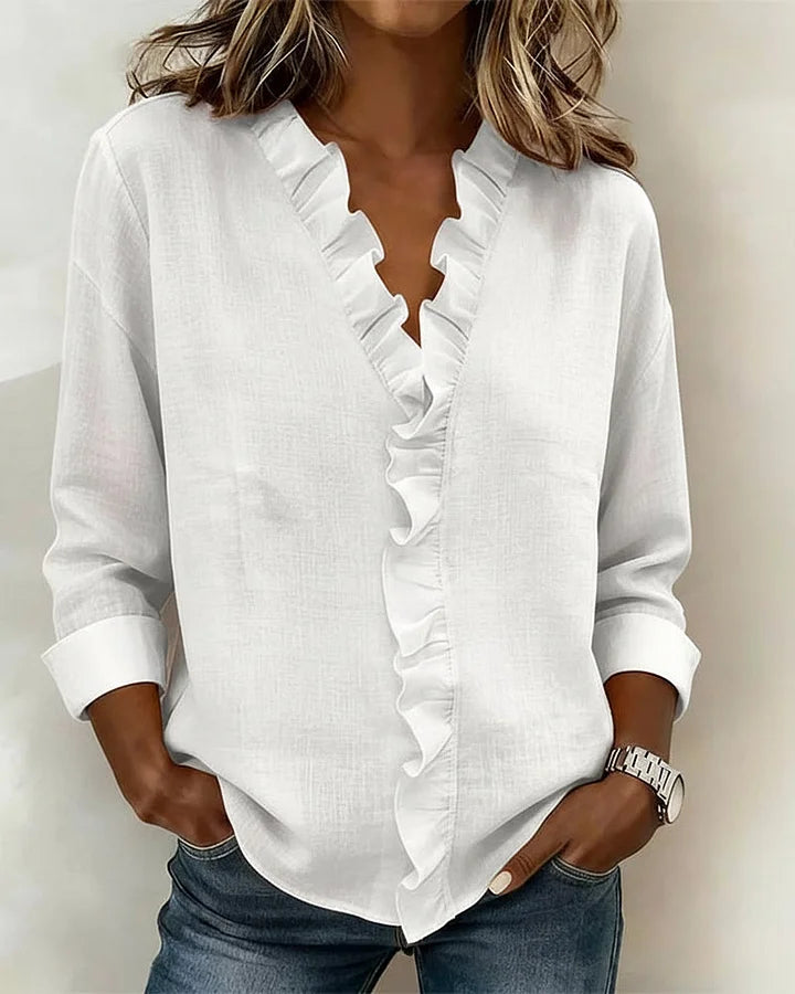 Ruffled V-Neck Blouse with Long Sleeves for Women | Elowen