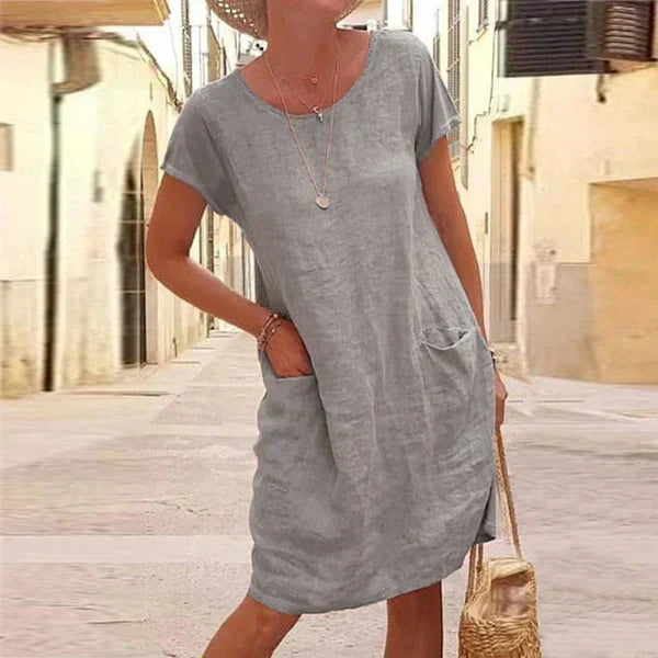 Cotton linen relaxed fit pocket midi dress for women | Marisela