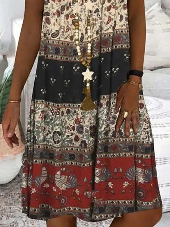 Boho patchwork print A-line midi dress for women | Marisela