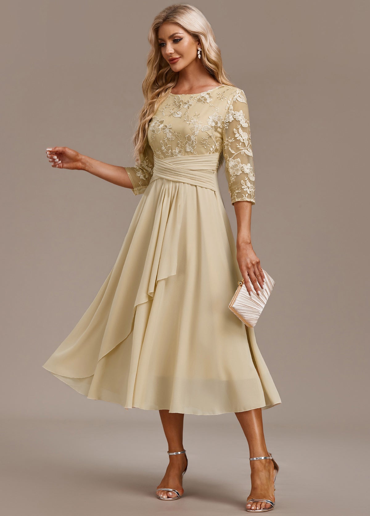 Floral lace chiffon tiered midi dress for women | Marisela