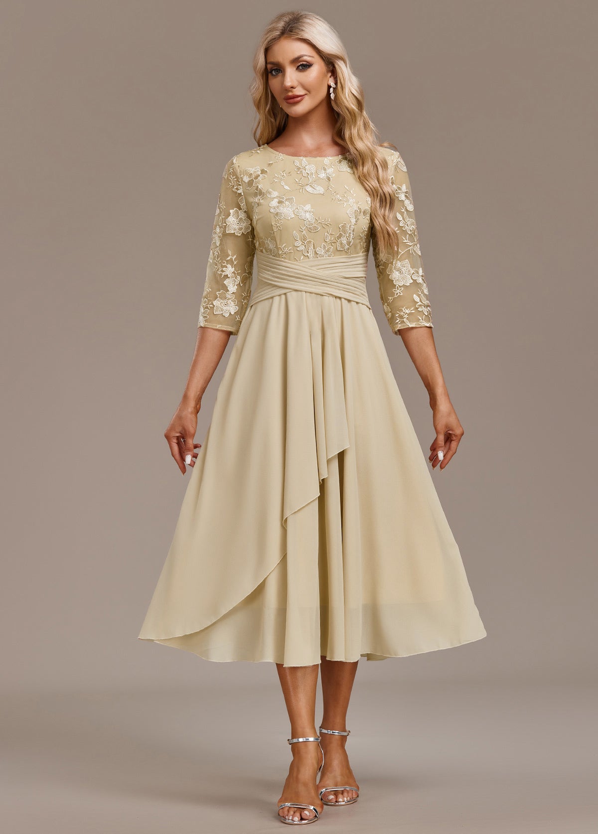 Floral lace chiffon tiered midi dress for women | Marisela