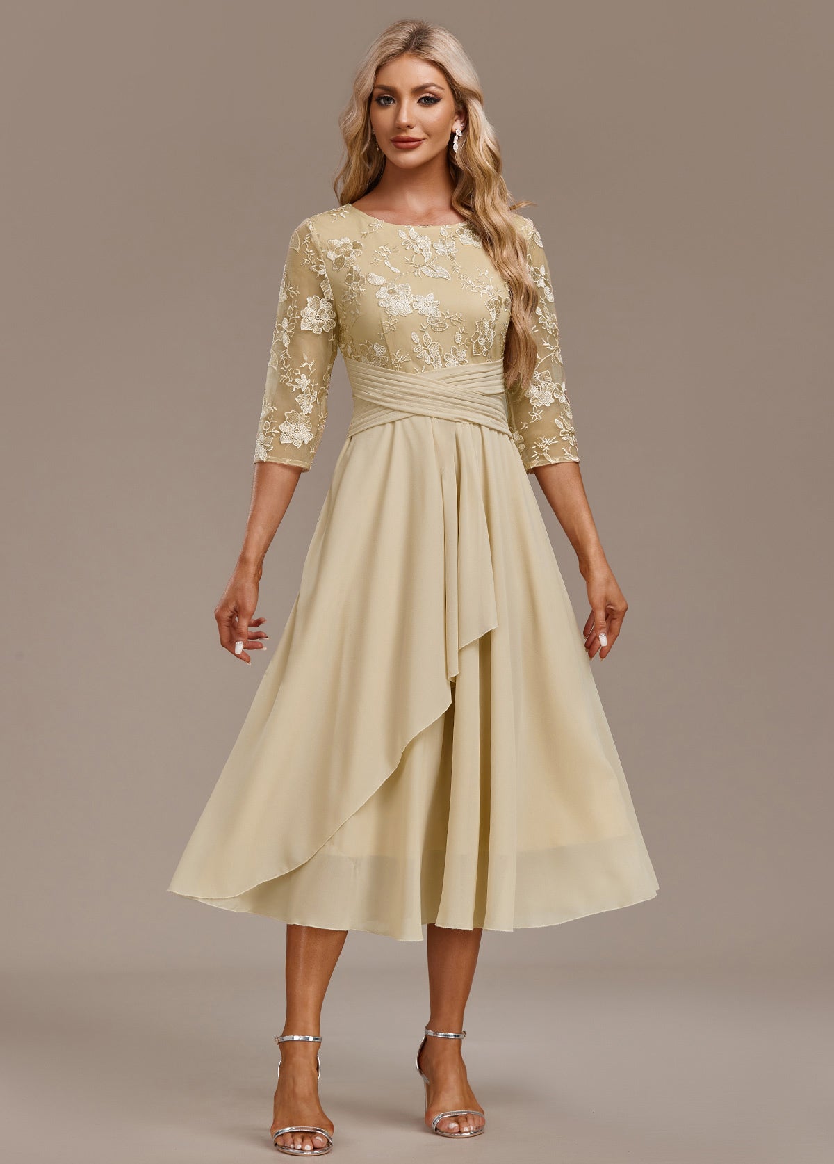 Floral lace chiffon tiered midi dress for women | Marisela
