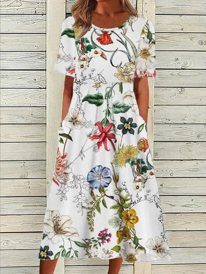 Floral printed A-line round neck midi dress for women | Marisela