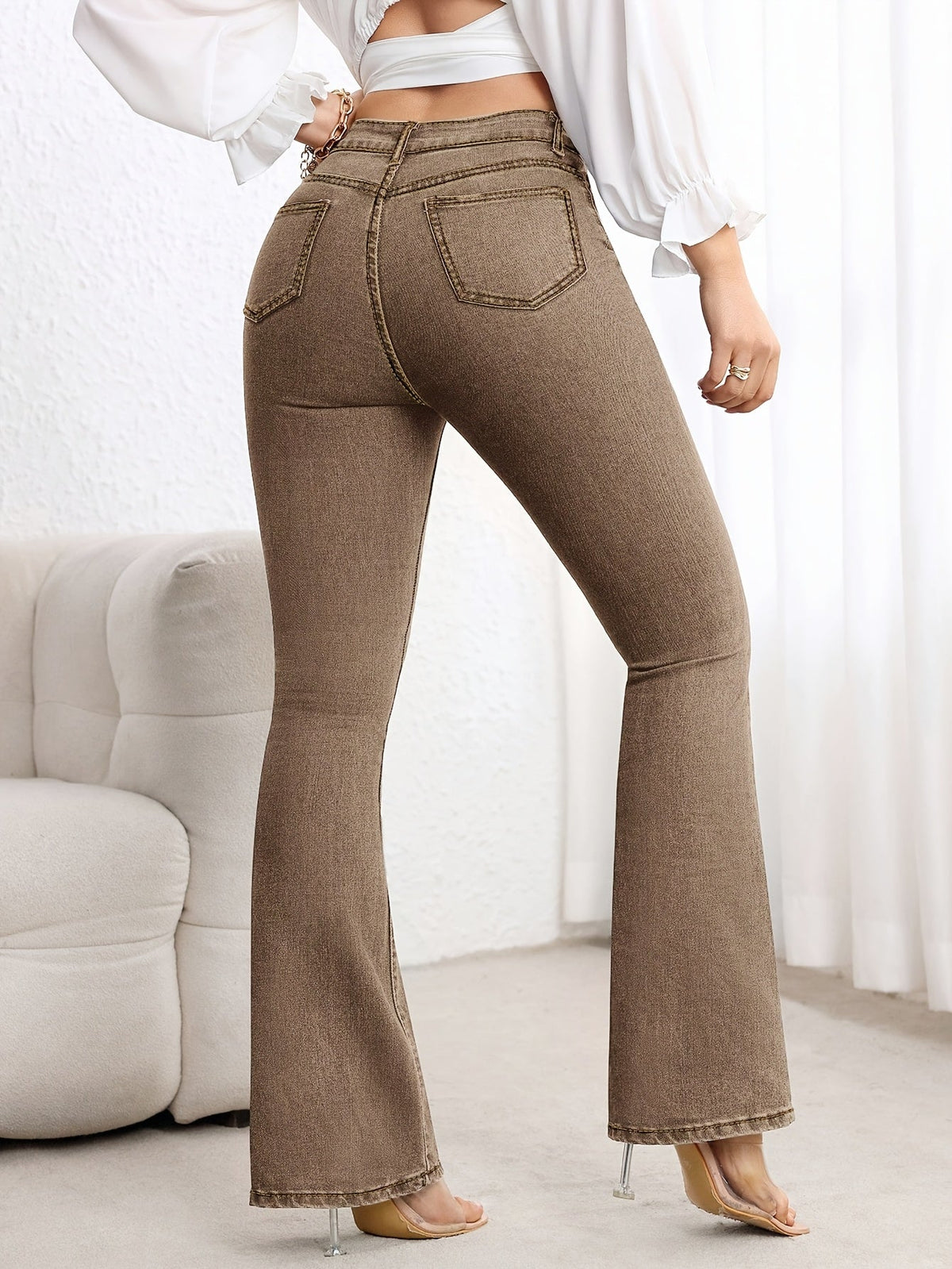 Cavelle | Women's High Waist Contrast Stitch Flare Jeans