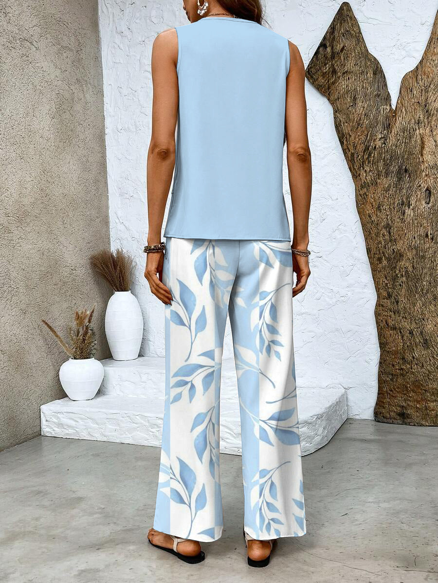 Leaf print sleeveless top wide leg pant matching set for women | Marisela