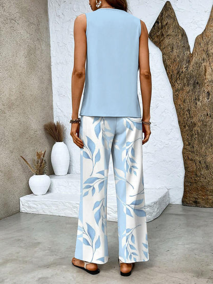 Leaf print sleeveless top wide leg pant matching set for women | Marisela