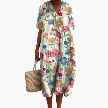 Floral meadow print oversized midi dress for women | Marisela