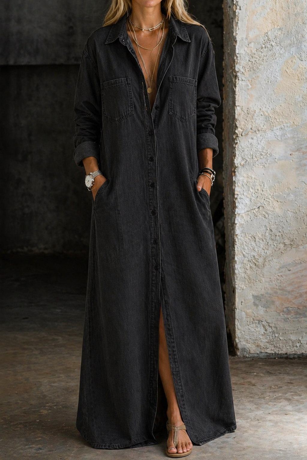 Rhevara | Women's Relaxed Button Front Maxi Shirt Dress