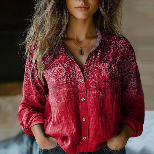 Bohemian vintage floral collared button-front long sleeve blouse for women | Marisela