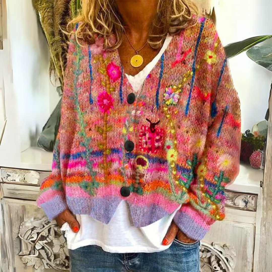 Bohemian multicolor cardigan with embroidered details for women | Mireya
