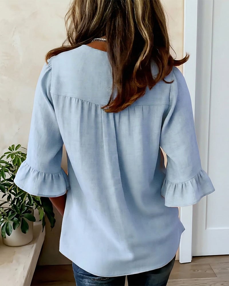 Cotton V-neck ruffle half sleeve blouse for women | Patrizia