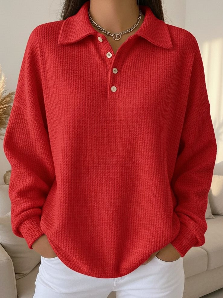 Odalys | Women's Waffle Knit Polo Collar Button Sweater