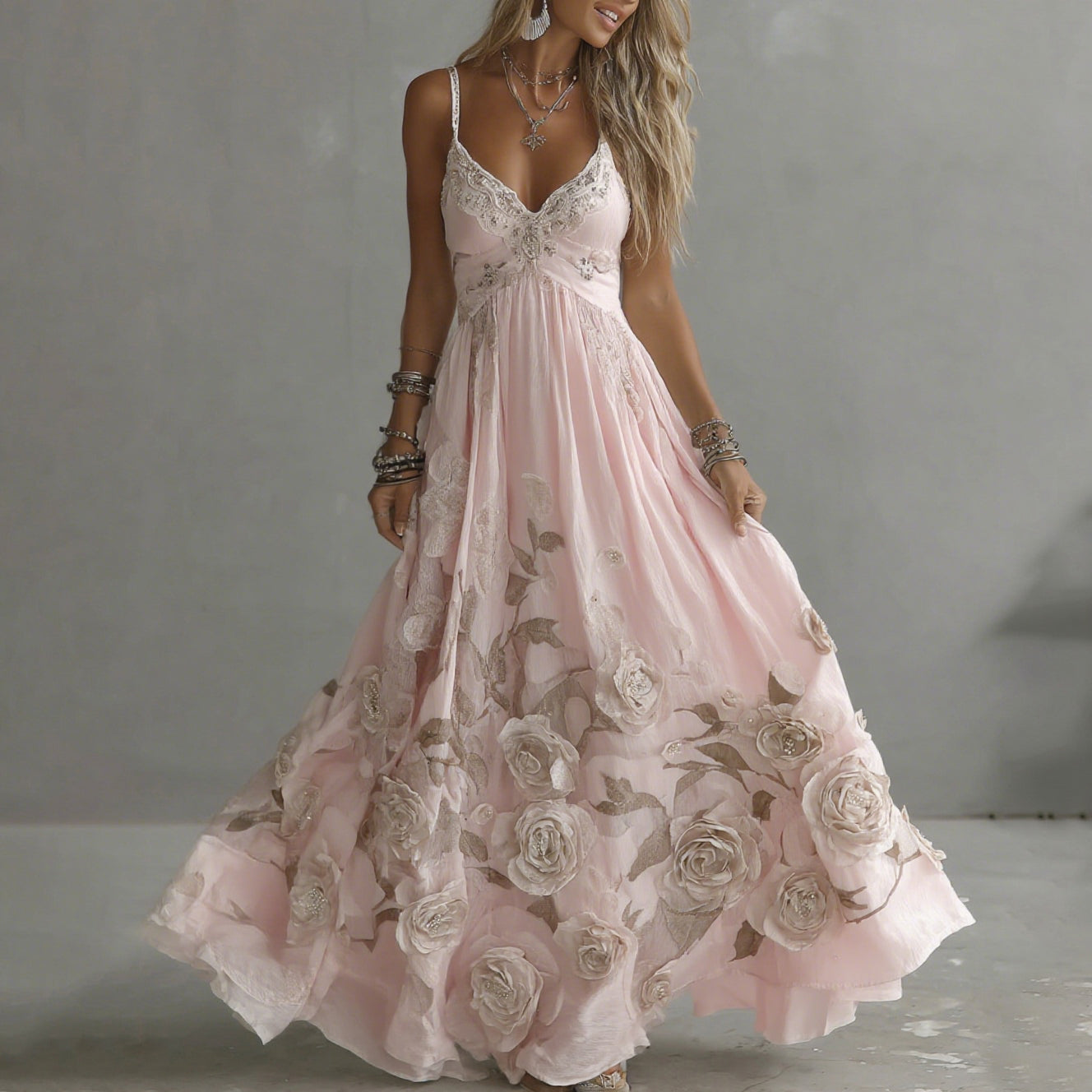 Vintage rose embroidered maxi dress for women | Adeluna