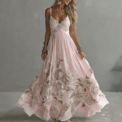 Vintage rose embroidered maxi dress for women | Adeluna