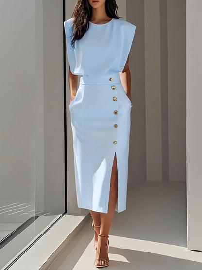 Round neck button slit structured midi dress for women | Marisela