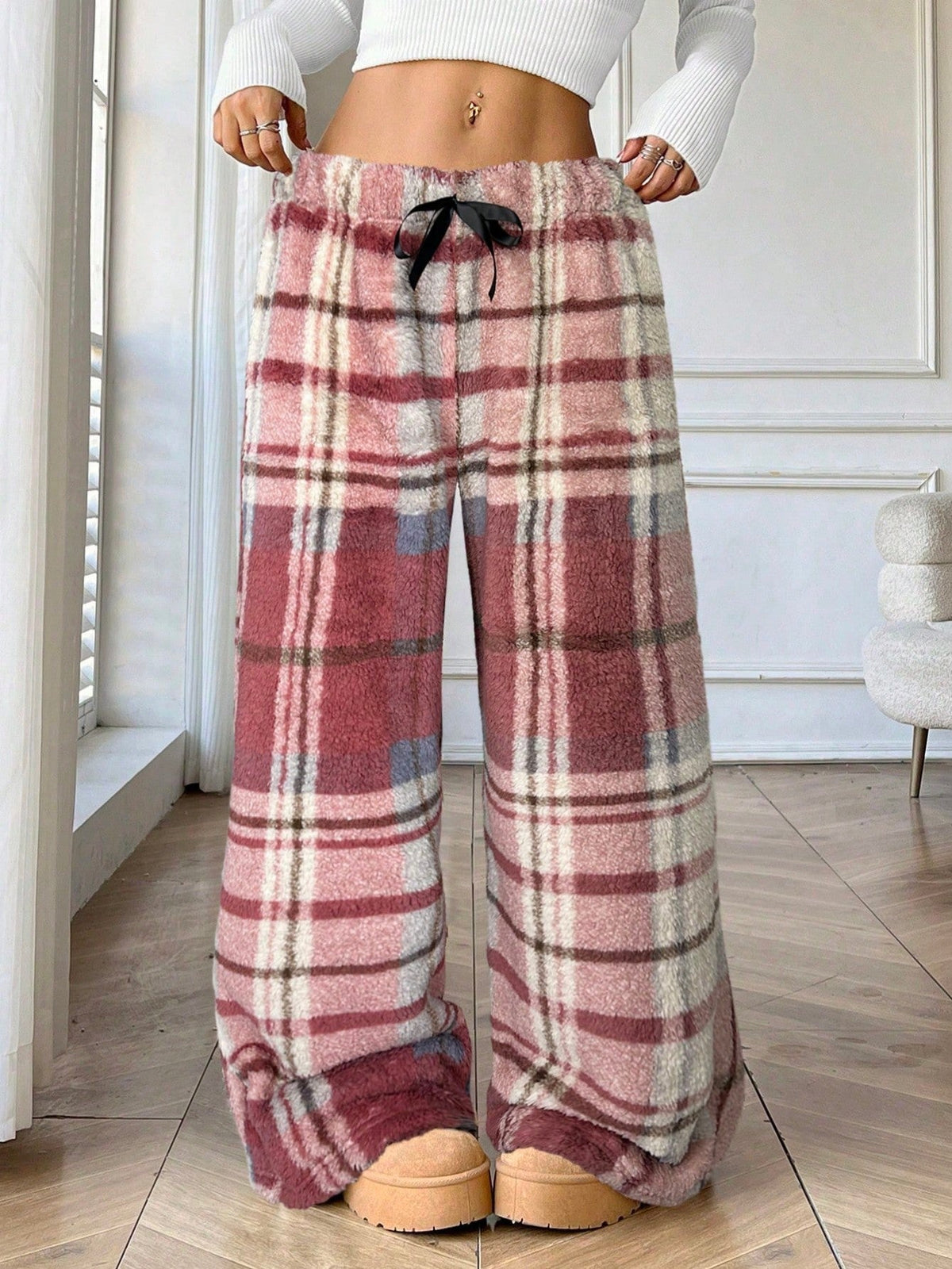 Freesia | Women's Plaid Wide Leg Drawstring Sweatpants