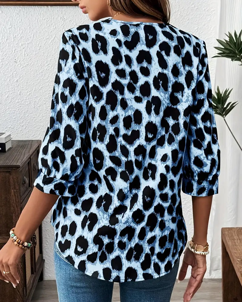 Leopard print lapel collar cotton blouse for women | Rosalyn