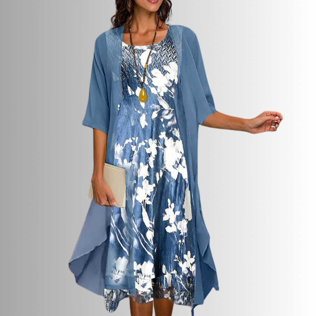 Floral slip midi dress with sheer open-front duster set for women | Marisela