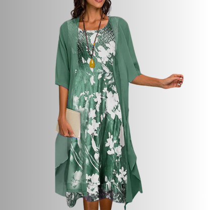 Floral slip midi dress with sheer open-front duster set for women | Marisela