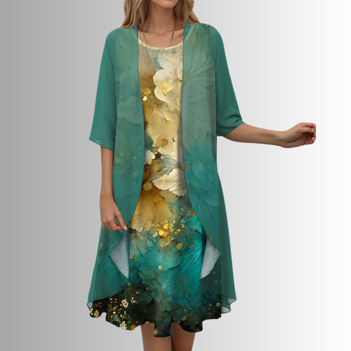 Floral slip midi dress with sheer open-front duster set for women | Marisela
