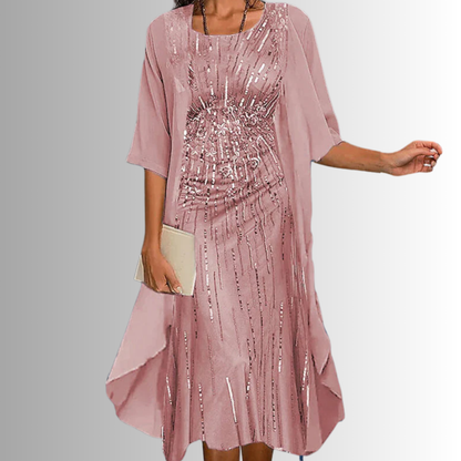 Floral slip midi dress with sheer open-front duster set for women | Marisela