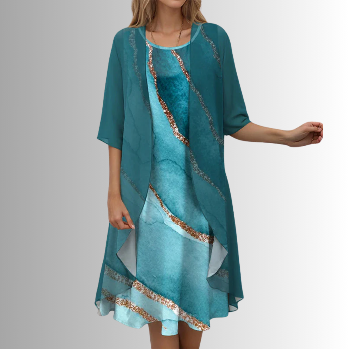 Floral slip midi dress with sheer open-front duster set for women | Marisela