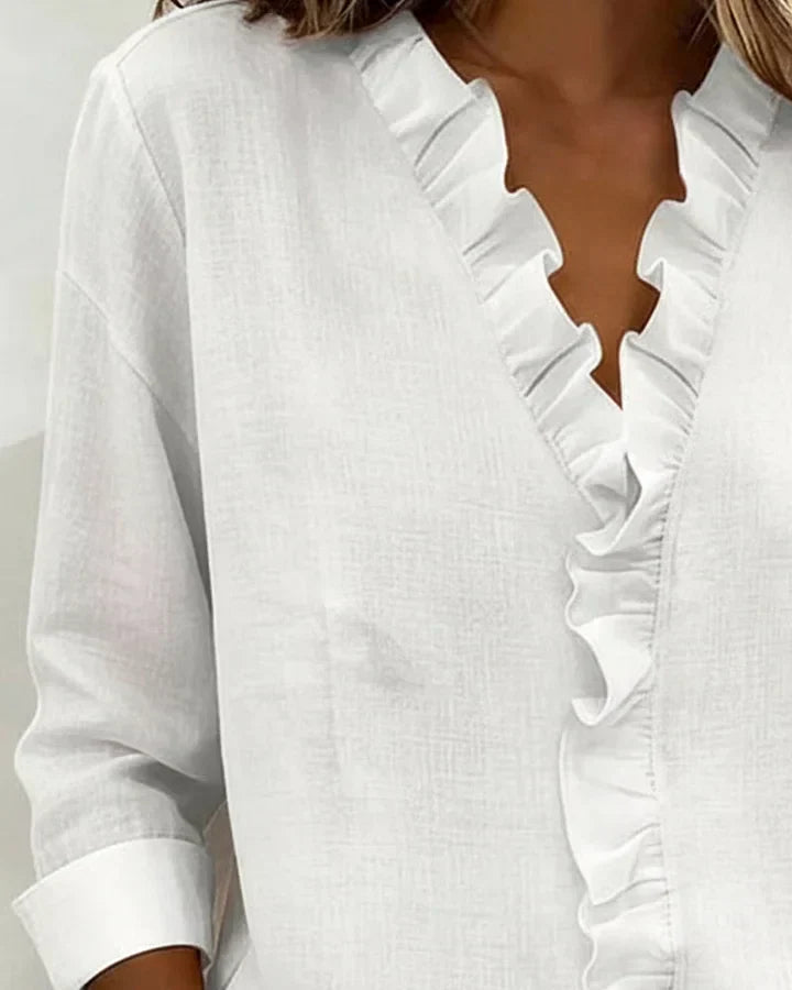 Ruffled V-Neck Blouse with Long Sleeves for Women | Elowen
