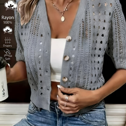 Calla | Women's Open Knit Short Sleeve Button Front Cardigan